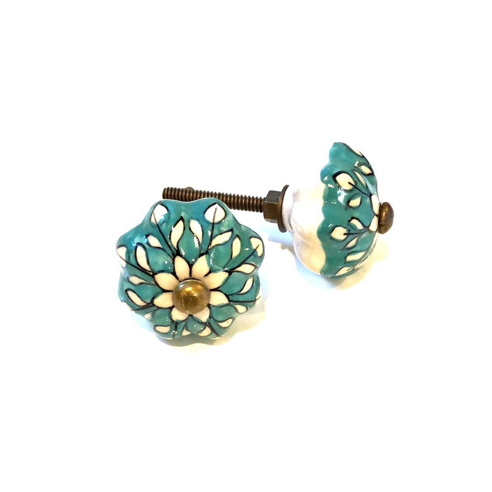 Detailed teal and white drawer knobs